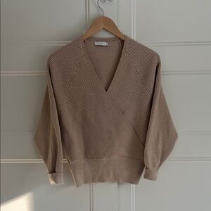 Aritzia V-Neck Ribbed Sweater in Taupe